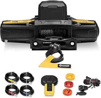 BUNKER INDUST 6000lb Electric Winch 12V Waterproof with Synthetic Rope Hawse Fairlead Kit for Offroad UTV ATV,Recovery Winch with Both Wireless Handheld Remote and Corded Control