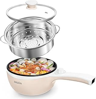 DEZIN Hot Pot Electric with Steamer Upgraded, Non-Stick Sauté Pan, Rapid Noodles Electric Pot, 1.5L Mini Pot for Steak, Egg, Fried Rice, Ramen, Oatmeal, Soup with Power Adjustment (Egg Rack Included)