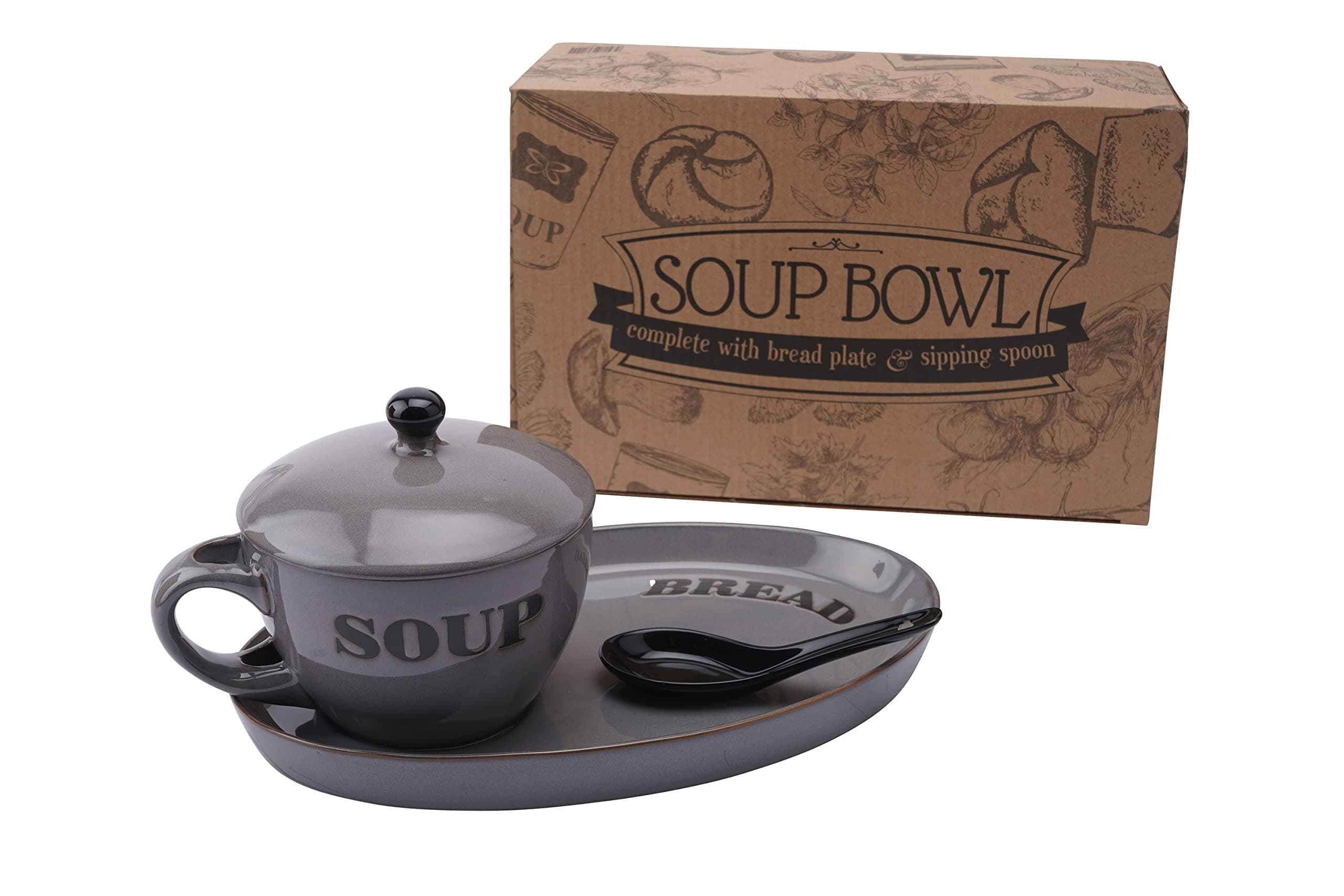 Soup Bowl Dish with Bread Serving Plate and Spoon Set | Grey Country Cottage Kitchen Rustic Style | Microwave and Dishwasher Safe | Individually Gift Boxed
