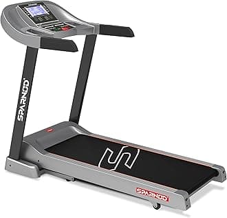 Sparnod Fitness STC-4350 Treadmill, 6 HP Peak Motor, 140kg Max User Weight, 1%-15% Incline, 1.0-20.0KM/H Speed, 7" LCD Display, Foldable Design with Bluetooth Speakers & High-Traction 5-Layer Belt