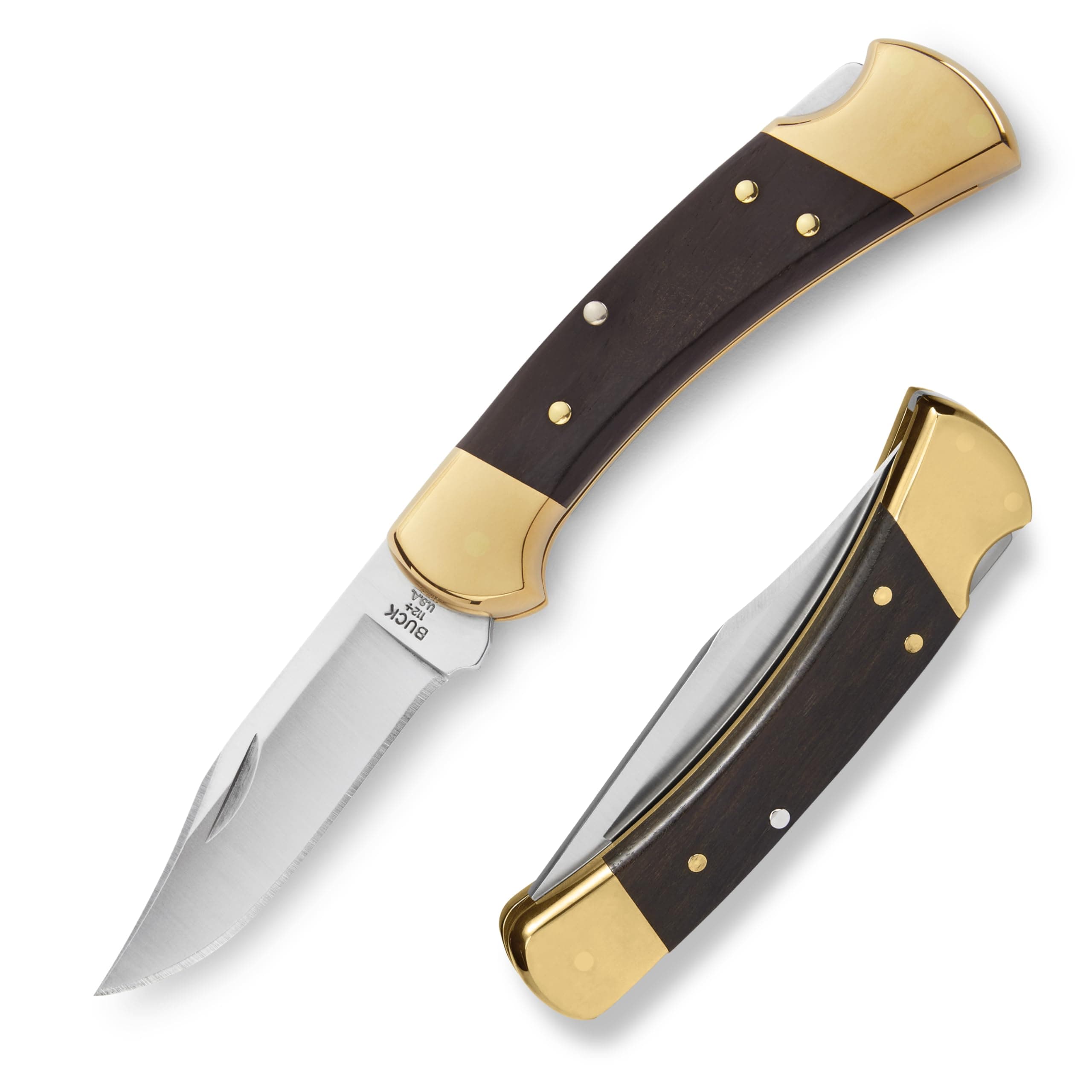 Buck Knives 112 Ranger Hunting Knife, 3" Blade, Lockback Design, Ebony Handle, Brass Bolsters, 420HC Stainless Steel Clip Point Blade, Sheath Included, Folding Knife Made in the USA, 5.6 oz