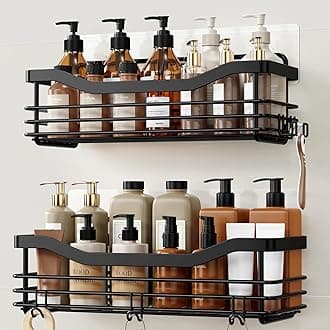 Orimade Adhesive Shower Caddy Shelf with 5 Hooks Organizer Storage Rack Rustproof Wall Mounted Stainless Steel No Drilling for Bathroom, Toilet, Kitchen - 2 Pack,Black