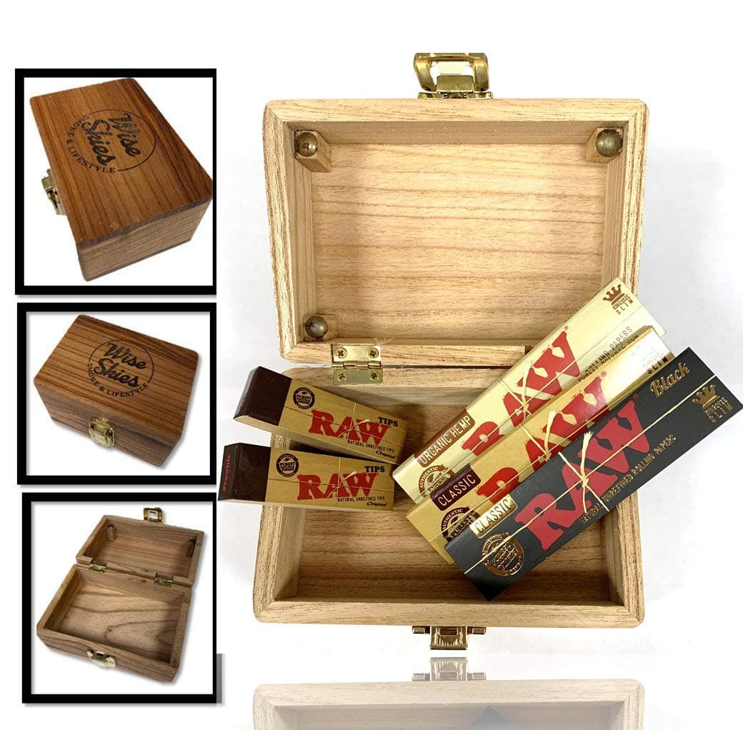 Smoking Stash Wooden Rolling Box Set - Raw Rolling Papers, Black RAW Papers, Raw Roach, Wooden Box