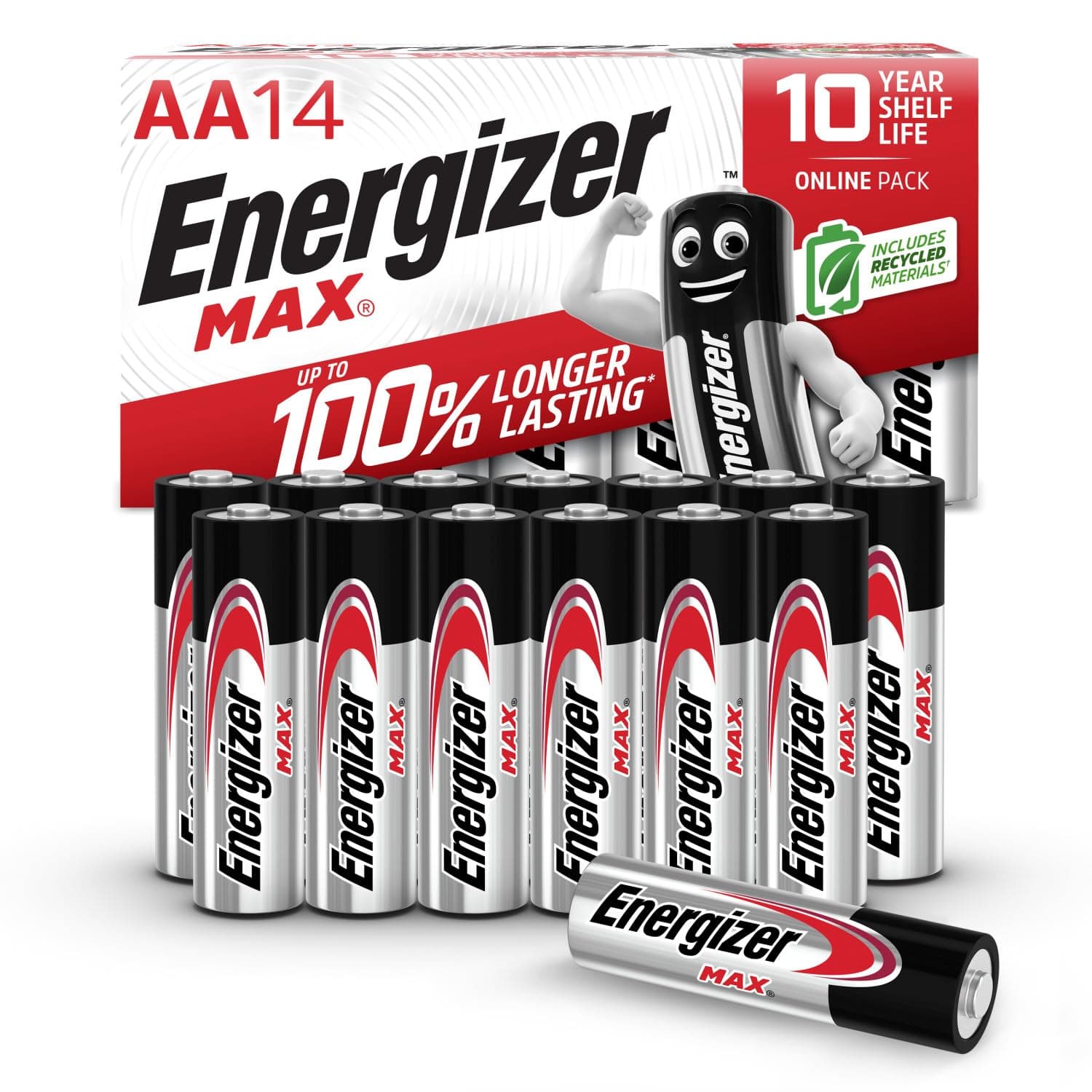 Energizer Max - AA Batteries (14 Pack) - Double A 1.5V Battery - Long Lasting Alkaline Power for Everyday Devices - 100% Recyclable Plastic Free Packaging - 10 Year Shelf Life [Amazon Exclusive]