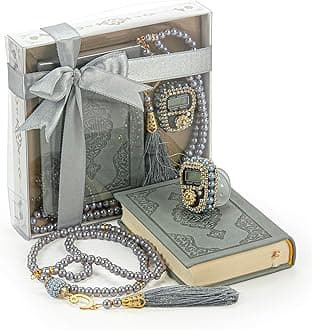 İhvan Online Medina Calligraphy Quran Set with Islamic Finger Counter, Portable Digital Prayer Tasbeeh, Pearl Zikirmatic Beads, 3 Pieces Gift for Ramadan & Eid & Mevlüt (Gray)