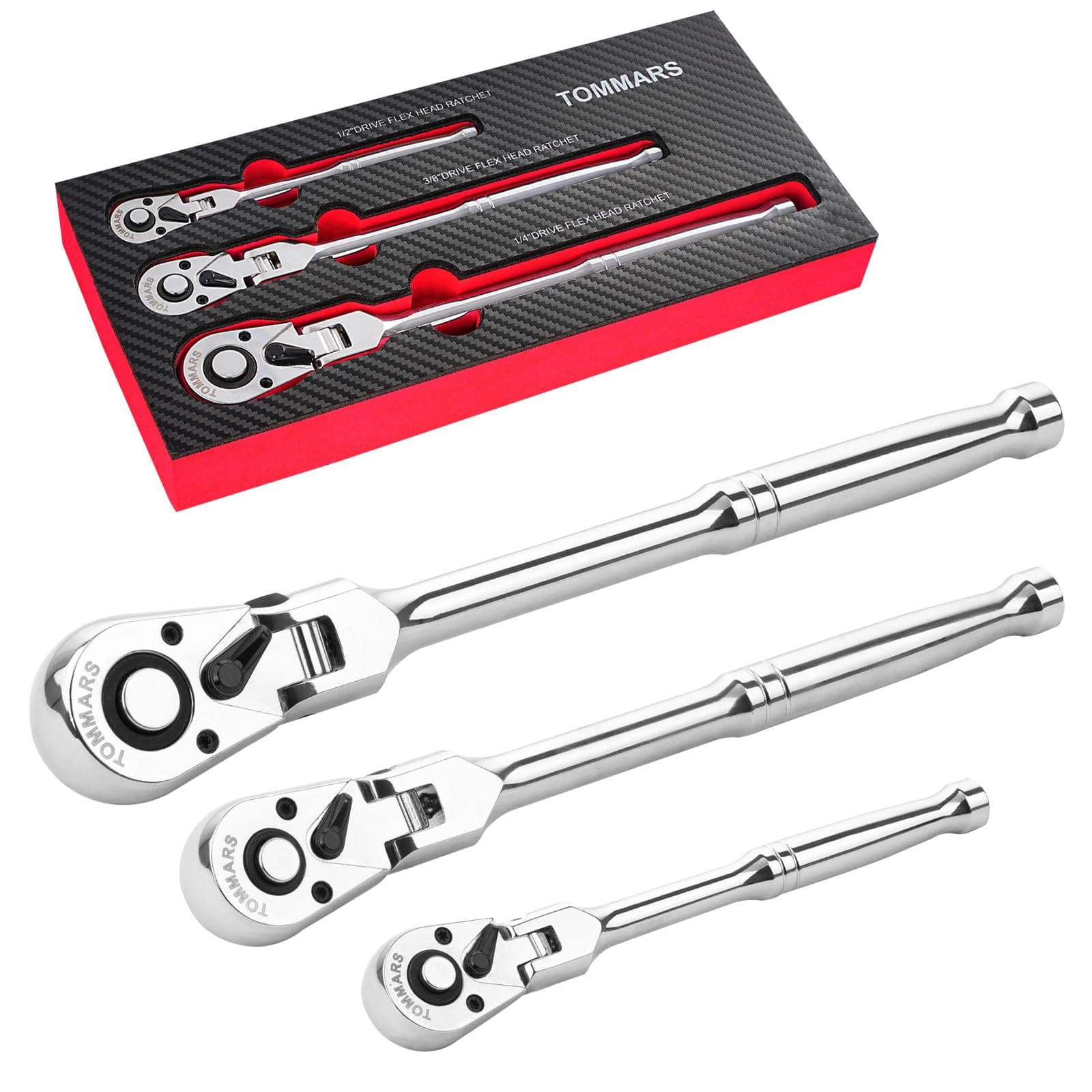 TOMMARS Flex-Head Ratchet Set, 1/4", 3/8", 1/2" Drive Flexible Ratchet Handle Wrench 72-Tooth Quick-Release Reversible
