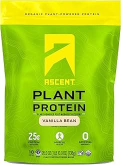 AscentPlant Based Protein Powder - Non Dairy Vegan Protein, Zero Artificial Ingredients, Soy & Gluten Free, No Added Sugar, 4g BCAA, 2g Leucine - Vanilla, 20 ServingsUSDA Organic