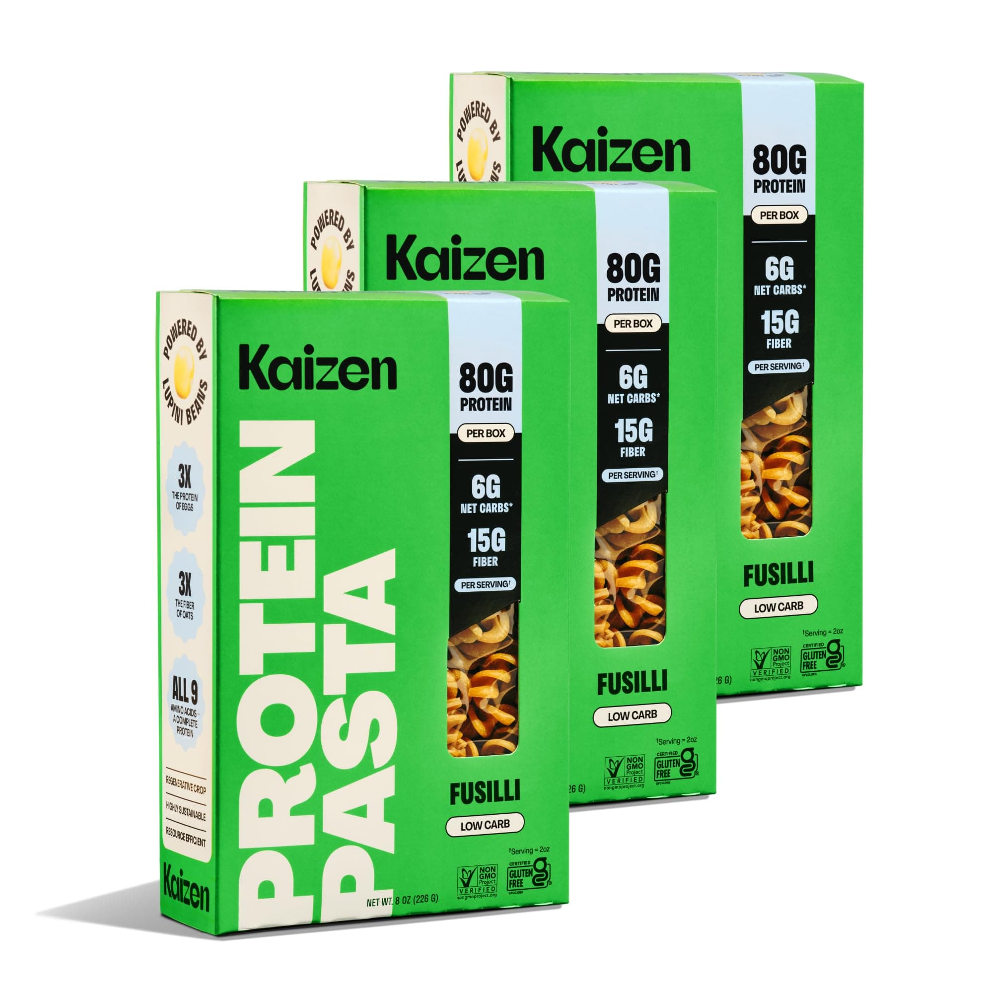- Kaizen Fusilli Protein Pasta, 20g Protein, Low Carb (6g Net Carbs), Keto-Friendly, Gluten-Free, Plant-Based Lupini Noodles, High Fiber, 8 Ounce, Pack of 3