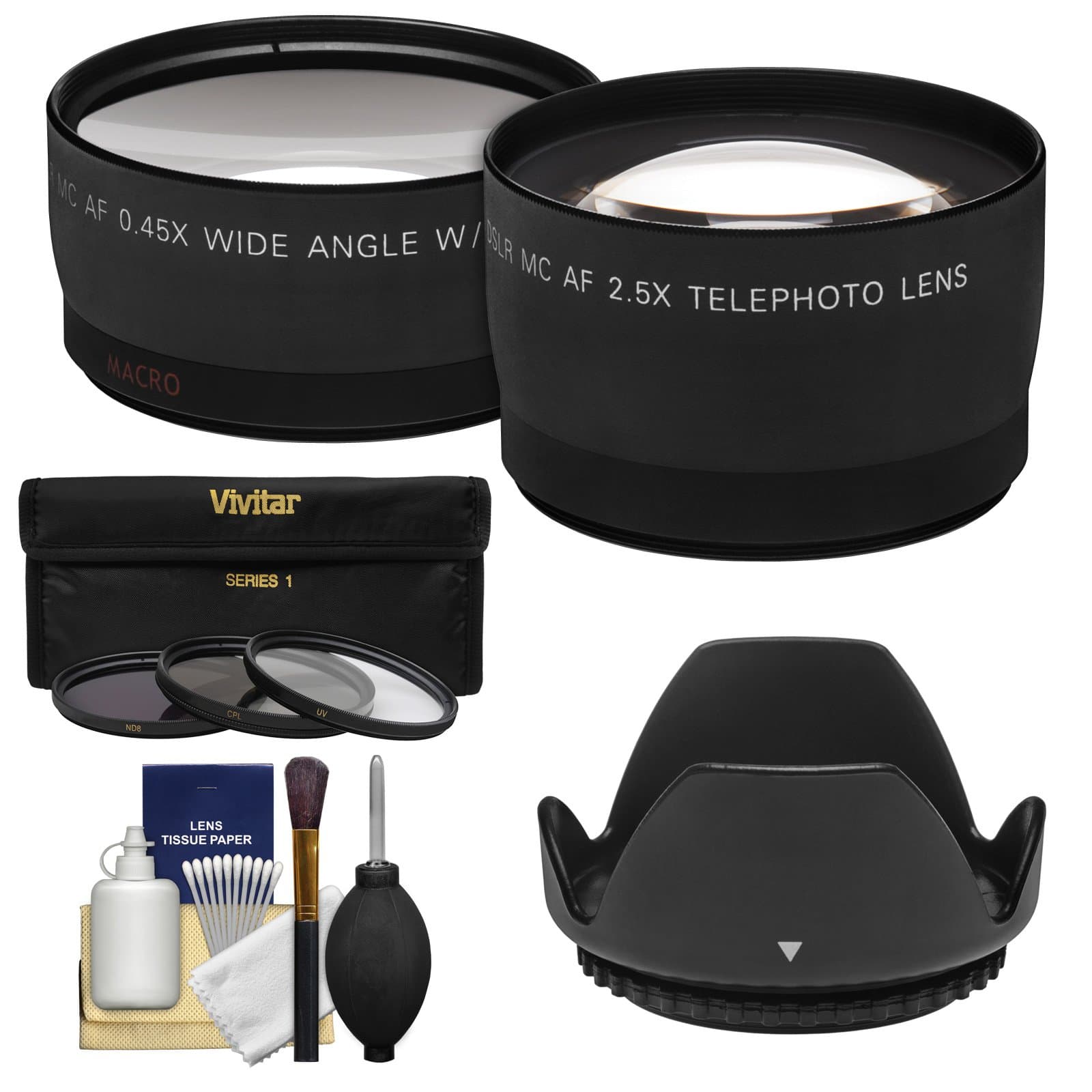 49mm Essentials Bundle with Telephoto & Wide-Angle Lenses + 3 UV/CPL/ND8 Filters + Lens Hood + Cleaning Kit