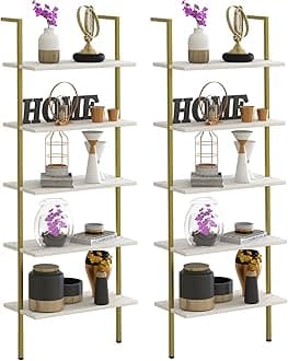 5 Tiers Ladder 2-Piece Shelf White Marble Modern Bookshelf Open Tall Wall Mount Bookcase Standing Leaning Wall Shelves Industrial Decorative