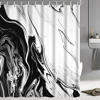 Black and White Shower Curtain, Modern Abstract Black Marble Shower Curtain for Bathroom Aesthetic Ink Texture Waterproof Shower Curtain Set with Hooks, 72x72 Inch