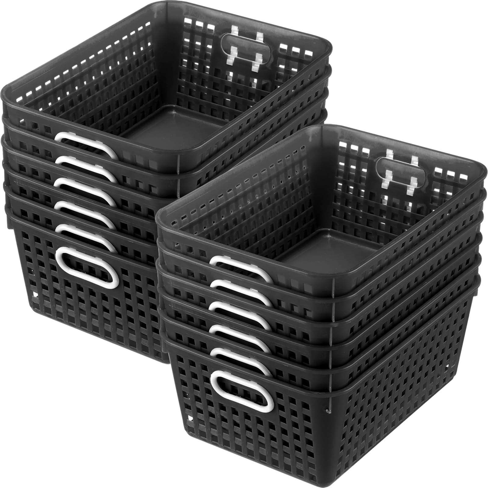 160016BK Multi-Purpose Plastic Storage Baskets for Classroom or Home Use - Stackable Mesh Plastic Baskets with Grip Handles 13" x 10" (Black - Set of 12)