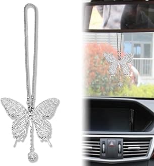 Butterfly Car Hanging Ornament, Crystal Butterfly Car Rear View Mirror Charms Good Luck Amulet Ornament Car Decoration Valentine's Day Gifts Lucky Hanging Interior Ornament Pendant (White)