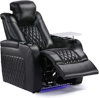 Weilianda Home Theater Seating Top Grain Leather Zero Gravity Recliner Chair Power Headrest Recline Movie Seat Gaming 7 Colors Mood Light Sofa with Tray Table USB Charge Row of 1 Black