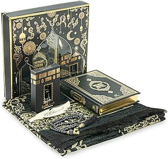 ihvan online Prayer Gift Set for Hajj and Umrah, Muslim Prayer Rug, Prayer Mat, Beads Taasbih, Holy Quran Translated English, Muslim Praying Mat, Islamic Gift Set for Ramadan & Eid, Black