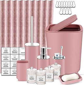 IMAVO 23Pcs Pink Bathroom Accessories Set with Shower Curtain,4 Qtip Holders,Trash Can,Soap Dispenser,Soap Dish,Toothbrush Holder,Toothbrush Cup,Toilet Brush Holder
