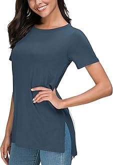 Herou Women Summer Casual Short Sleeve Tops T-Shirts Tees with Side Split, 1-dusty Blue, XX-Large