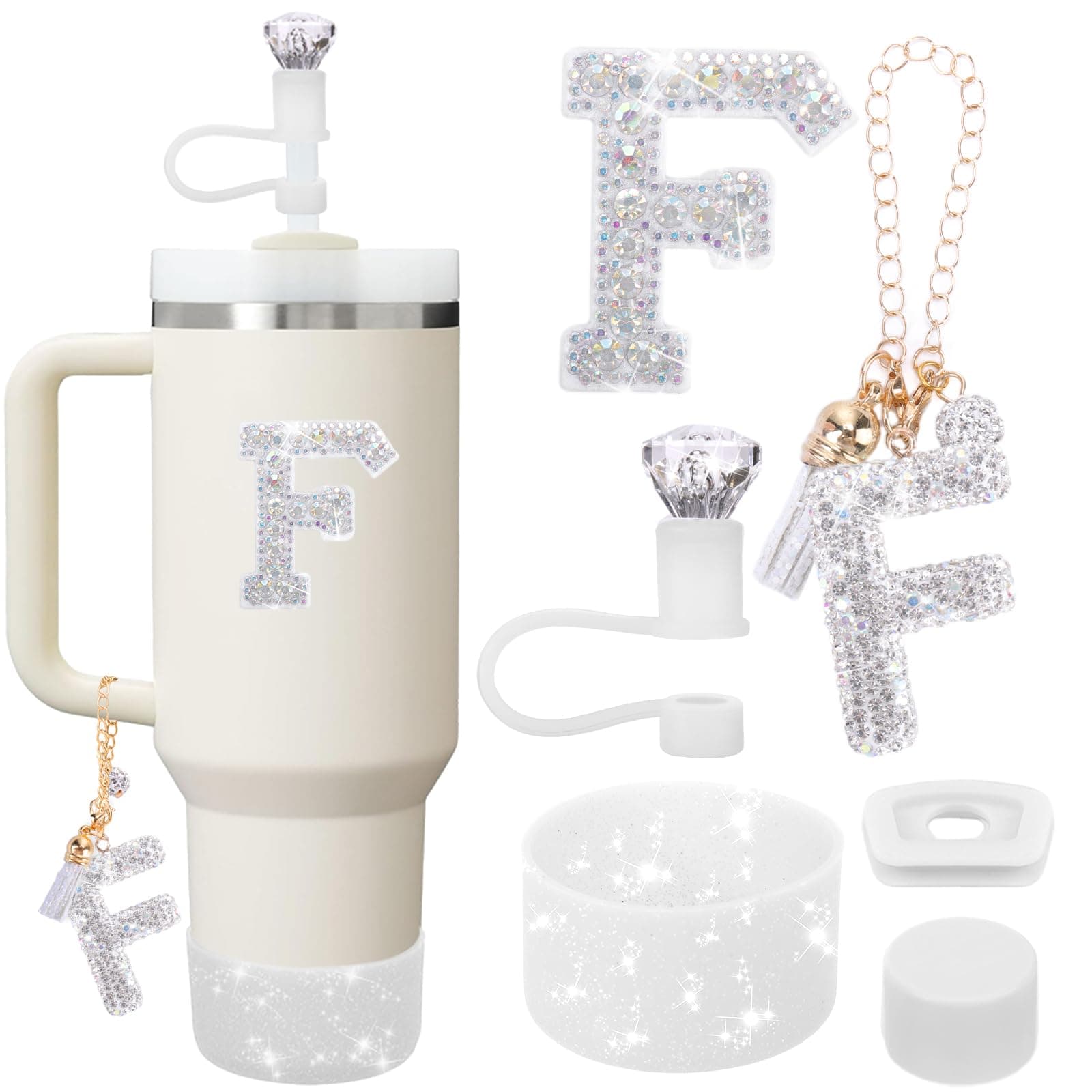 Mity rain Accessories Set for Stanley Cup, Initials Decorations for Tumbler Cup 30/40OZ, Including Diamond Straw Topper/Spill Proof Stopper/Sparkly Silicone Boot Set/Letter Charms for Handle A-Z (F)
