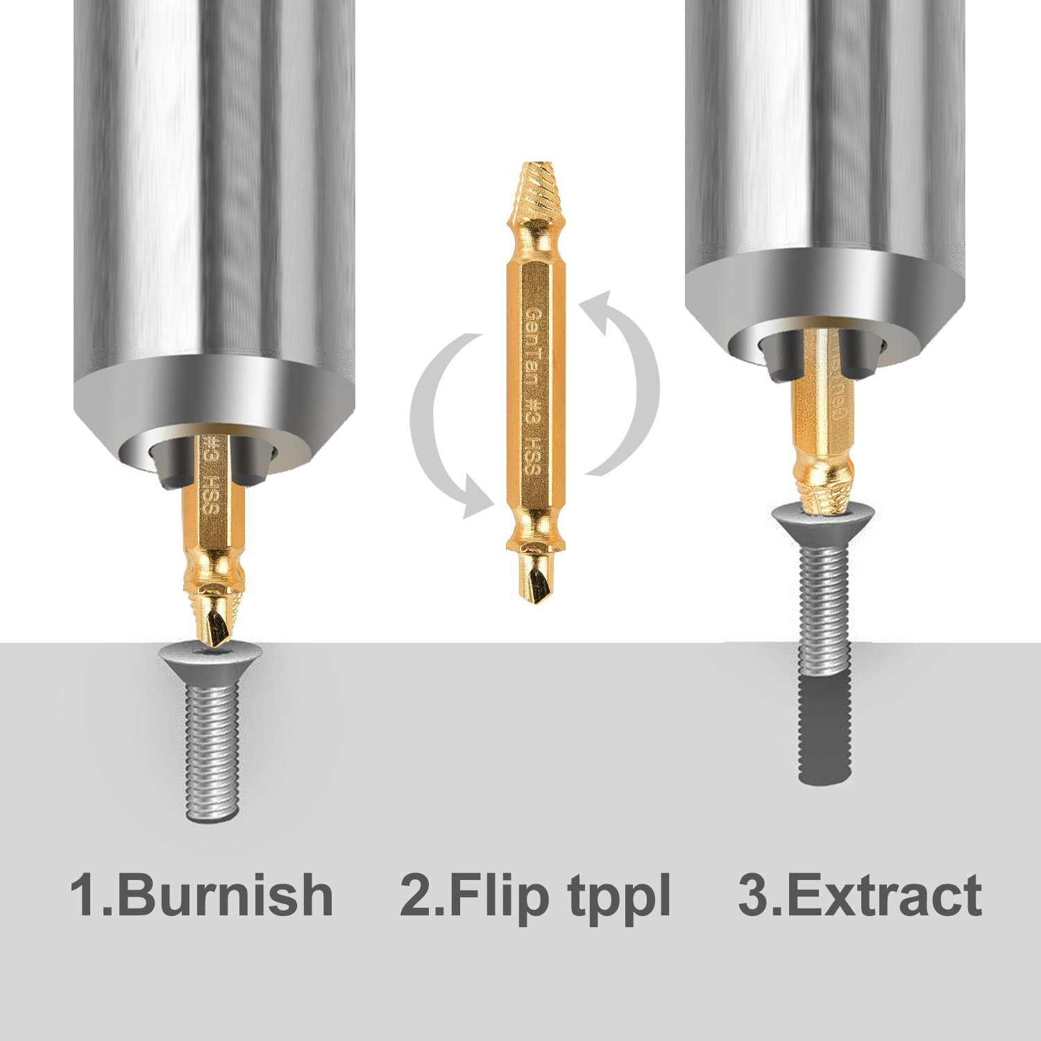 Damaged Screw Remover, Gentan easy out screw extractor set.Made Of H.S.S. 4341#, the Hardness Is 62-63hrc,Set of 4 Stripped Screw Removers - Gold