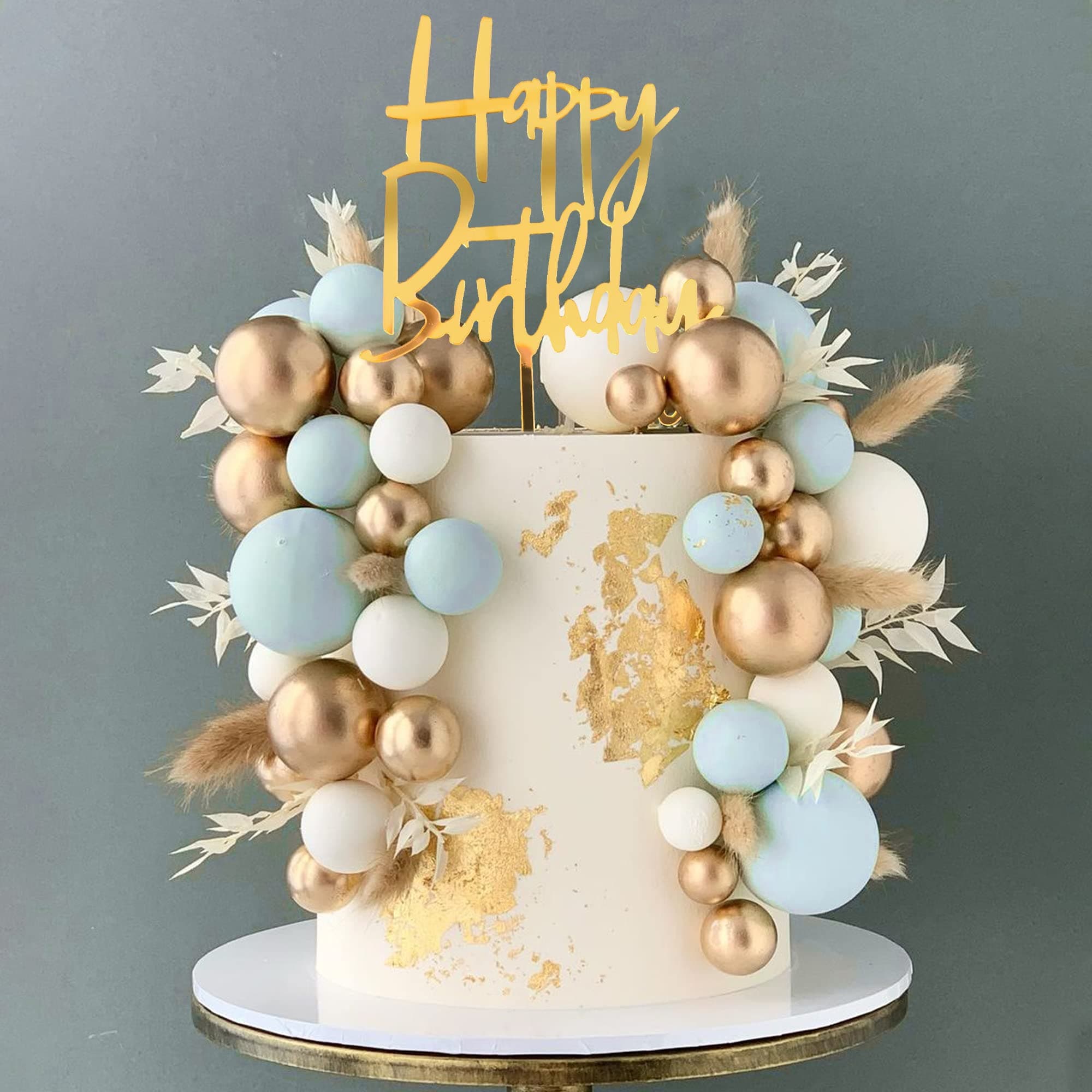 Blue Balls Cake Topper Boho Grass Cake Topper Blue White Gold Pearl Balls Happy Birthday Cake Decorations for Wedding Birthday Boho Themed Supplies (Blue)