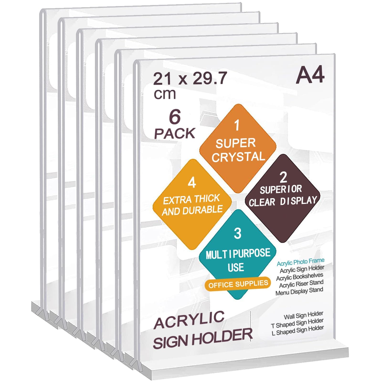 A4 Acrylic Sign Holder, 6pack T-Shape Double-Side A4 Perspex Display Stand, Clear Poster Menu Holders for Office Shop Restaurant School