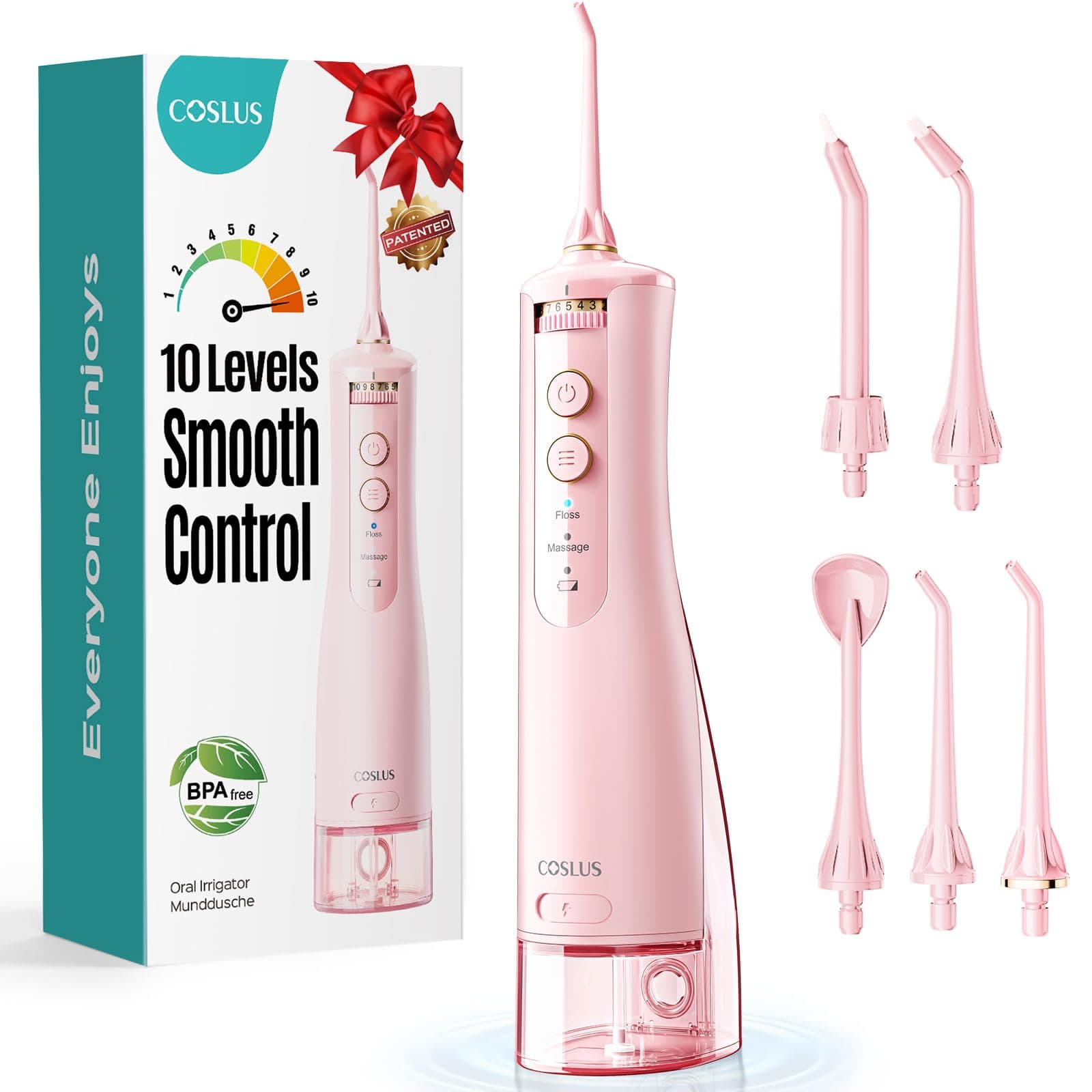 COSLUS E40 Portable Water Flosser for Teeth: 10 Pressure Settings Professional Water Dental Pick for Orthodontic, Braces & Sensitive Gums - Cordless for Travel Use, for Adults Teens, BPA-Free