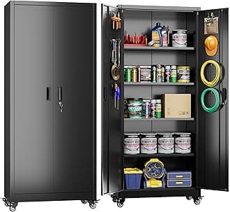 Garage Storage Cabinet with with Pegboard and Wheels,73" Metal Lockable File Cabinet with 2 Doors and 4 Adjustable Shelves,Tool Storage,Home Office Garage,Gym,School (Black)Recycled Claim Standard 100