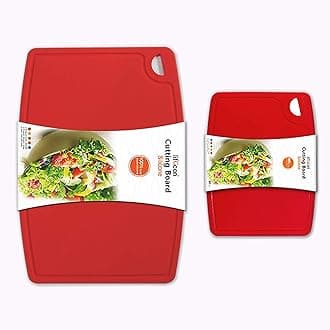 Liflicon Thick Cutting Boards for Kitchen Silicone Chopping Board Set of 2 Large14.6'' x 10.43'',Mini 9.1”x7.1” Non-slip Deep Drip Juice Groove Easy Grip Handle,BPA Free,Non-porous,Dishwasher Safe-Red