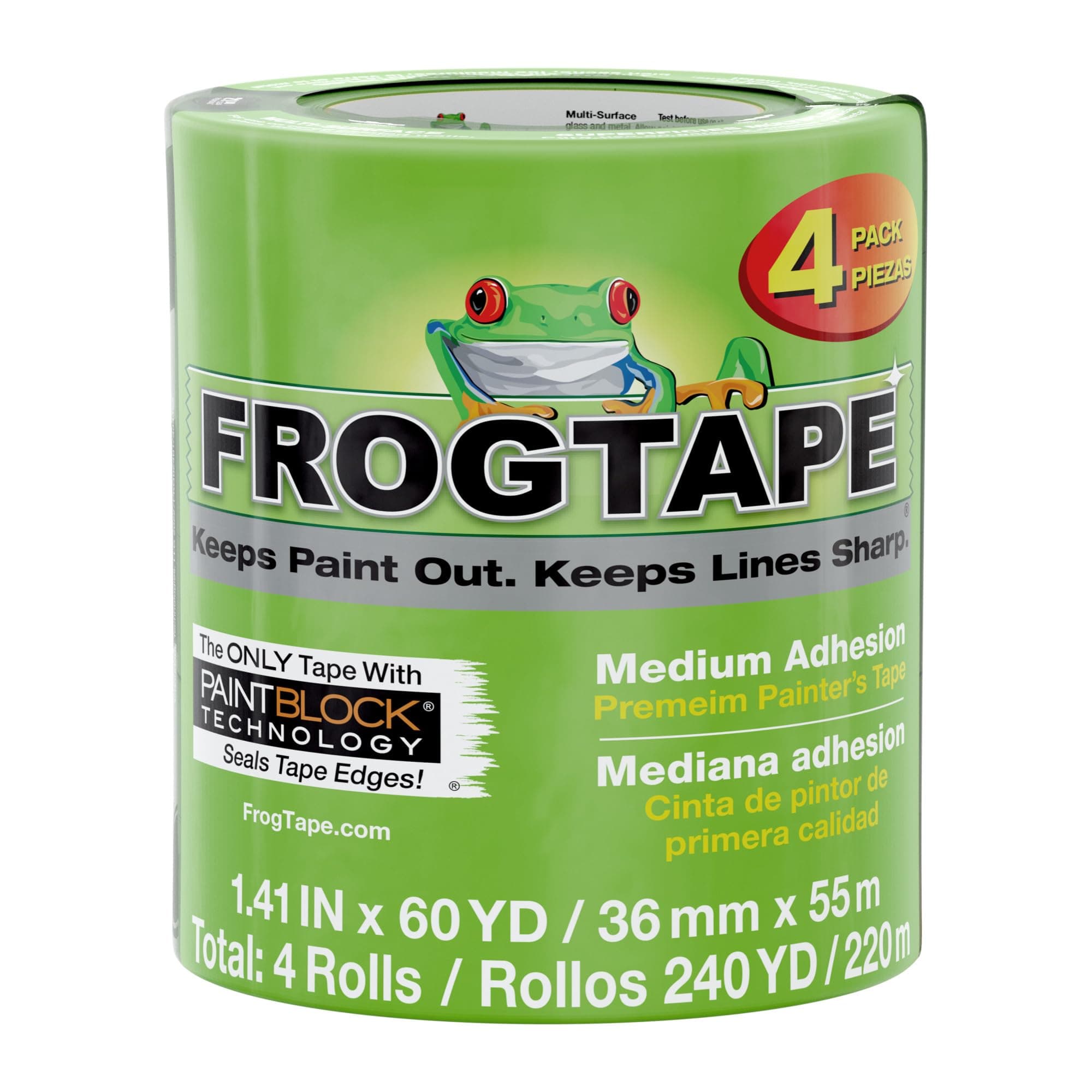 Multi-Surface Painters Tape with PAINTBLOCK, 1.5 Inch Wide (1.41 In. x 60 Yds), Medium Adhesion, Green, 4 Rolls (240660)