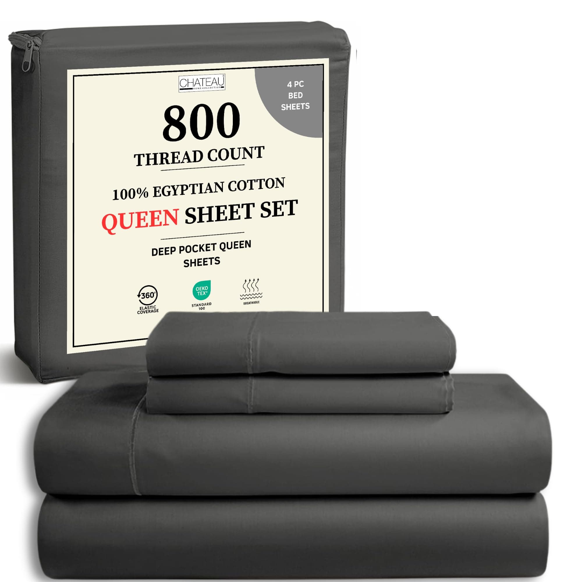 Queen Sheet Set For Queen Size Bed, Egyptian Cotton Sheets Queen Size With Bedding Sheets & Pillowcases. 800 TC Queen Bedding Hotel Sheets With Deep Pocket Queen Sheets (Fits Upto 18") - Charcoal