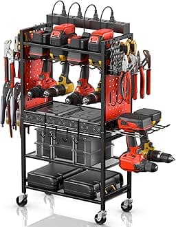 CCCEI Power Tool Organizer Cart with Charging Station, Garage Floor Rolling Storage Cart on Wheels for Mechanic, Mobile 6 Drill, Tool Box Utility Cart with Battery Charging Power Strip, Red.