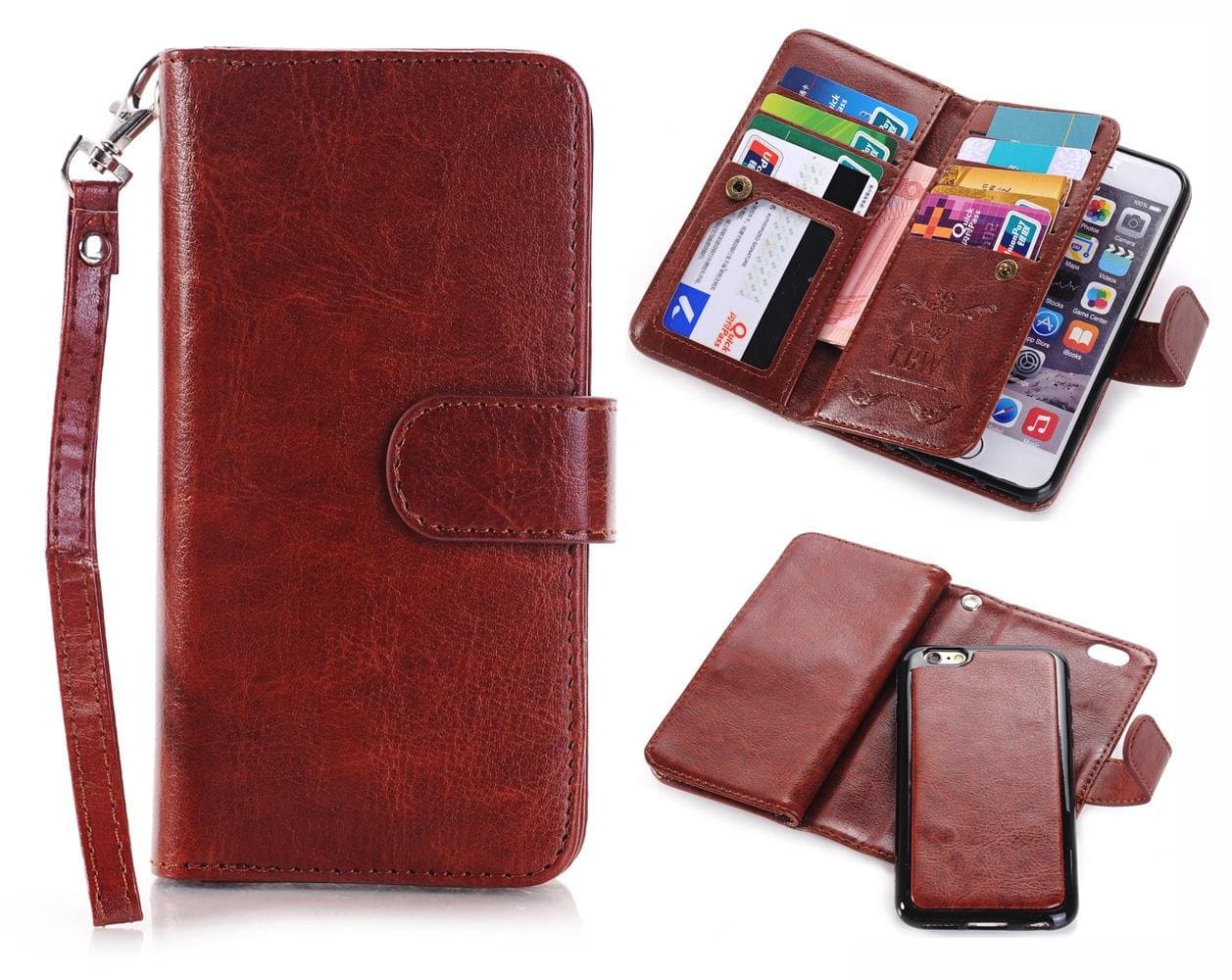 for iPhone 6/6s Plus Case, LIBERWILL Luxury PU Leather Detachable Wallet Folio Flip Case Cover with Credit Card Slots Holder and Strap for iPhone 6/6s Plus 5.5 Inch (Hot Pink) (Brown)