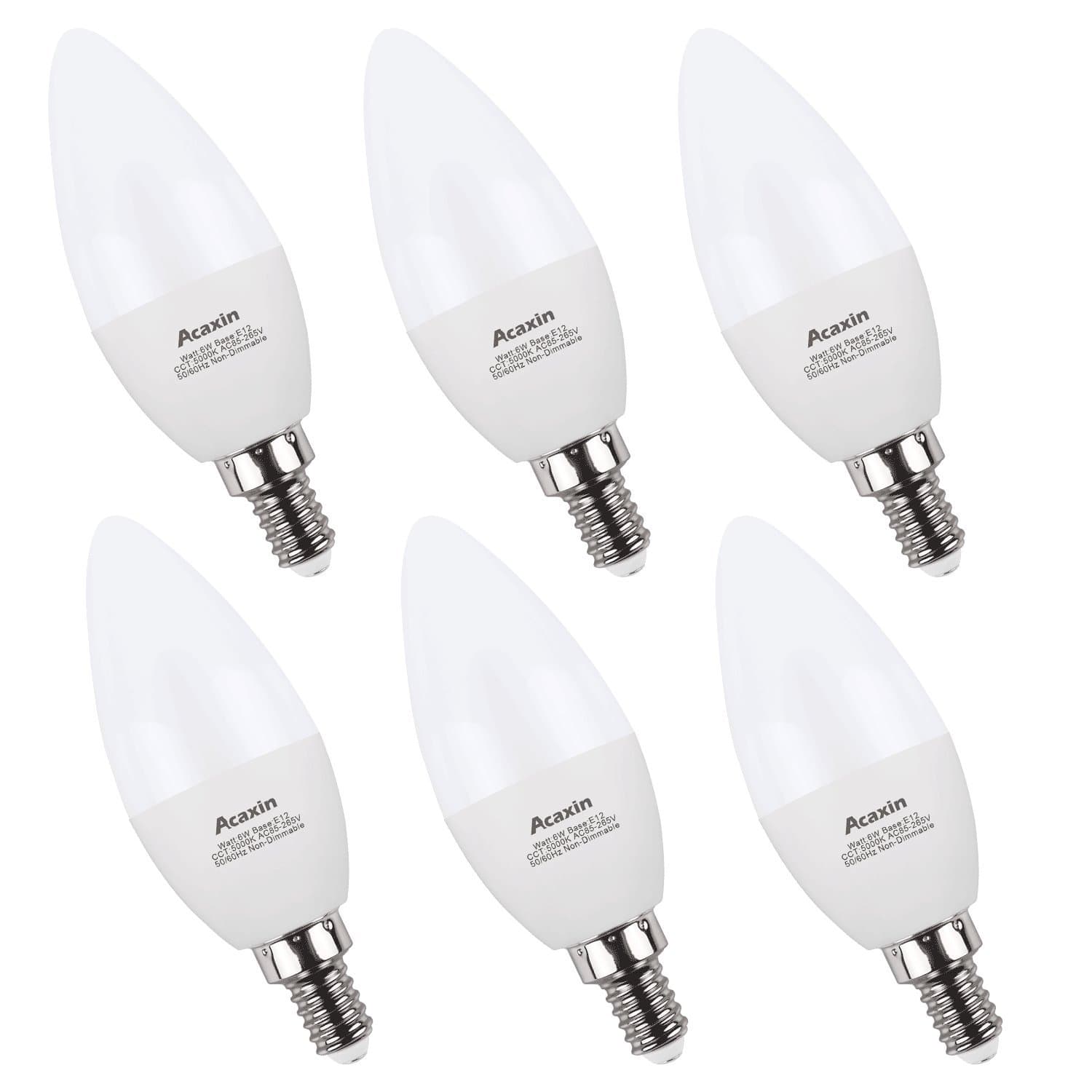 E12 Bulbs Candelabra LED Bulbs 60 Watt,Acaxin E12 Daylight 5000K LED Chandelier Bulbs,600 Lumen, Non-Dimmable,6 Pack