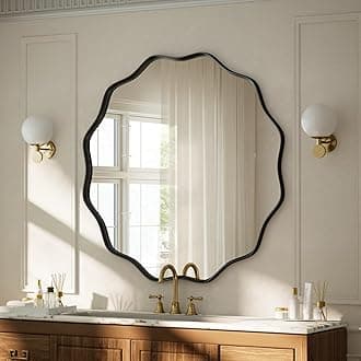 VooBang Black Scalloped Circle Mirror, 24" Wavy Edge Round Wall Mirror with Tempered Glass Textured Circular Metal Deep Frame, Hanging Leaning for Bathroom, Hallway, Entryway, Livng Room