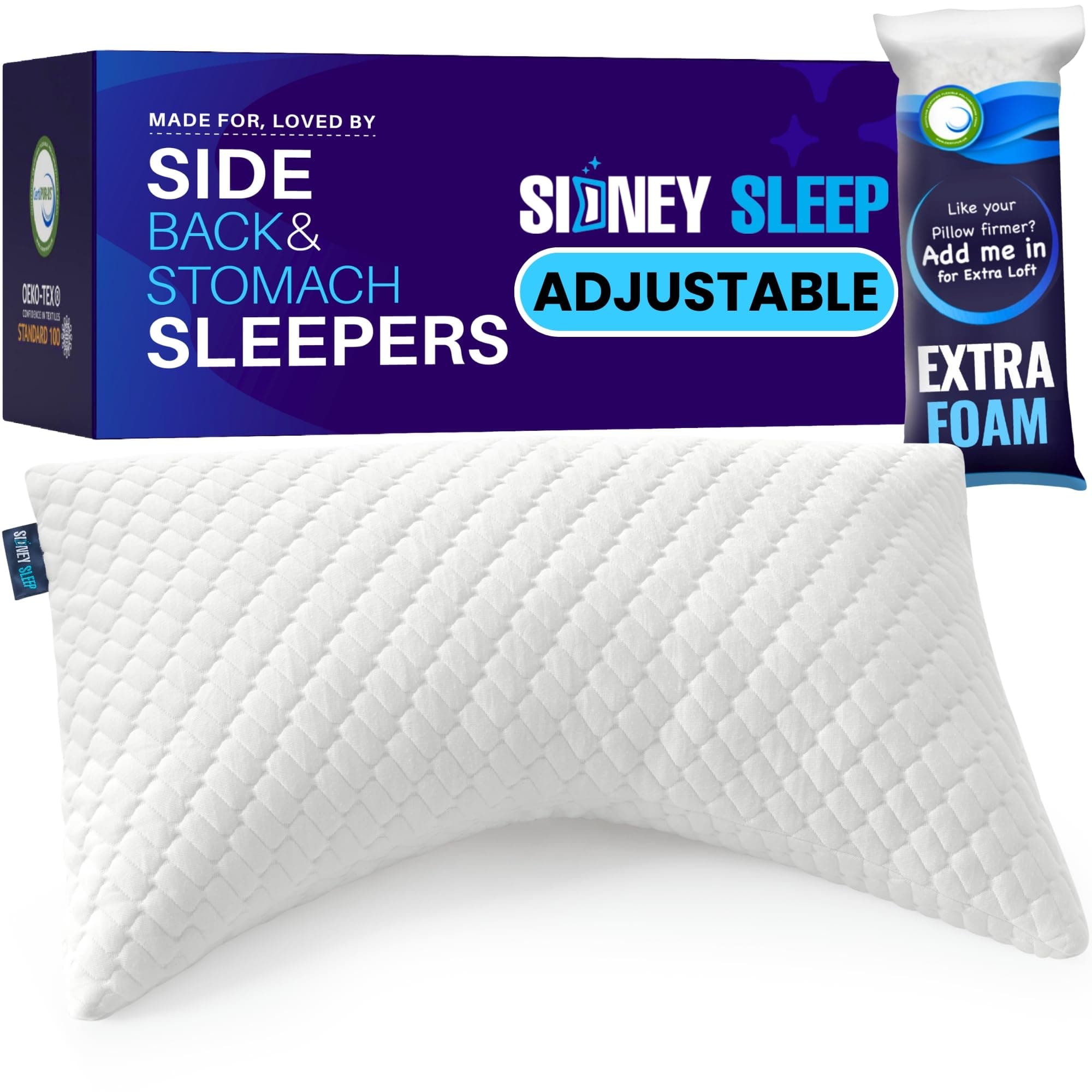 Sidney Sleep Adjustable Curved Contour Fill Pillow – Queen Size – for Side and Back Sleepers – Neck & Shoulder Comfort Support – Extra Fill Included (White)