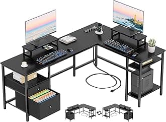 Furologee 66” L Shaped Desk with Power Outlet, Reversible Computer Gaming Desk with File Drawer & 2 Monitor Stands for Home Office with Storage Shelves, Black