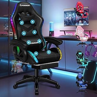 ELFORDSON LED Gaming Chair with 8-Point Massage, Swivel Office Chairs with Head Pillow Lumbar Support, Ergonomic Desk Chair with Armrests Footrest, PU Leather, Black