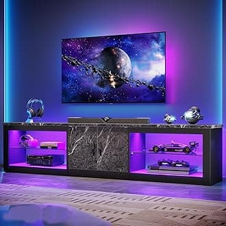 Bestier 80 Inch TV Stand for 75/85/86 inch TVs, LED Gaming Entertainment Center for PS5 with Storage Cabinet &Adjustable Glass Shelves, Large TV Console Table for Living Room Bedroom, Black Marble