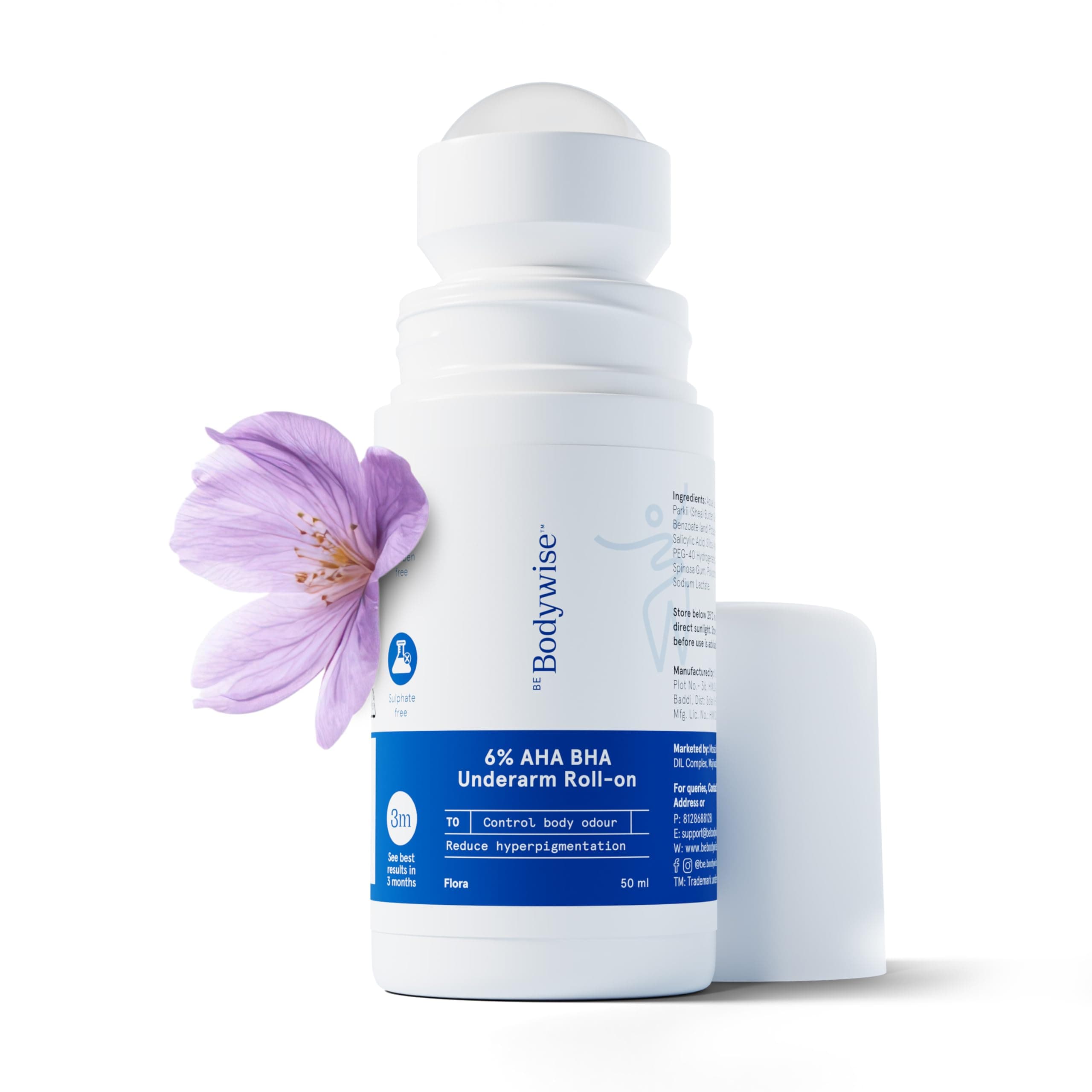 6% AHA BHA Underarm Roll-on Deodorant for Even Tone Skin,Reduces Body Odor & Pigmentation | 1% Mandelic, 4% Lactic, 1% Salicylic & Kojic Acid, Alcohol & Aluminum Free |Flora Fragrance,50ml