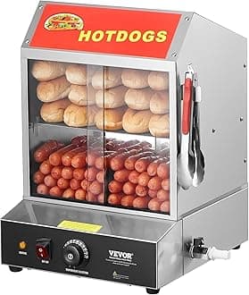VEVOR Hot Dog Steamer, 27L/28.5Qt, Top Load Hut Steamer for 175 Hot Dogs & 40 Buns, Electric Bun Warmer Cooker with Tempered Glass Door Partition Plate Shelves Food Clip PTFE Tape, Stainless Steel