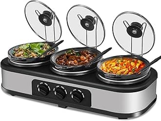 Triple Slow Cooker, 3×1.5 QT Buffet Servers and Warmers, 3 Pots Buffet Slow Cooker Adjustable Temp Lid Rests Stainless Steel Manual Silver for Parties Holidays Families