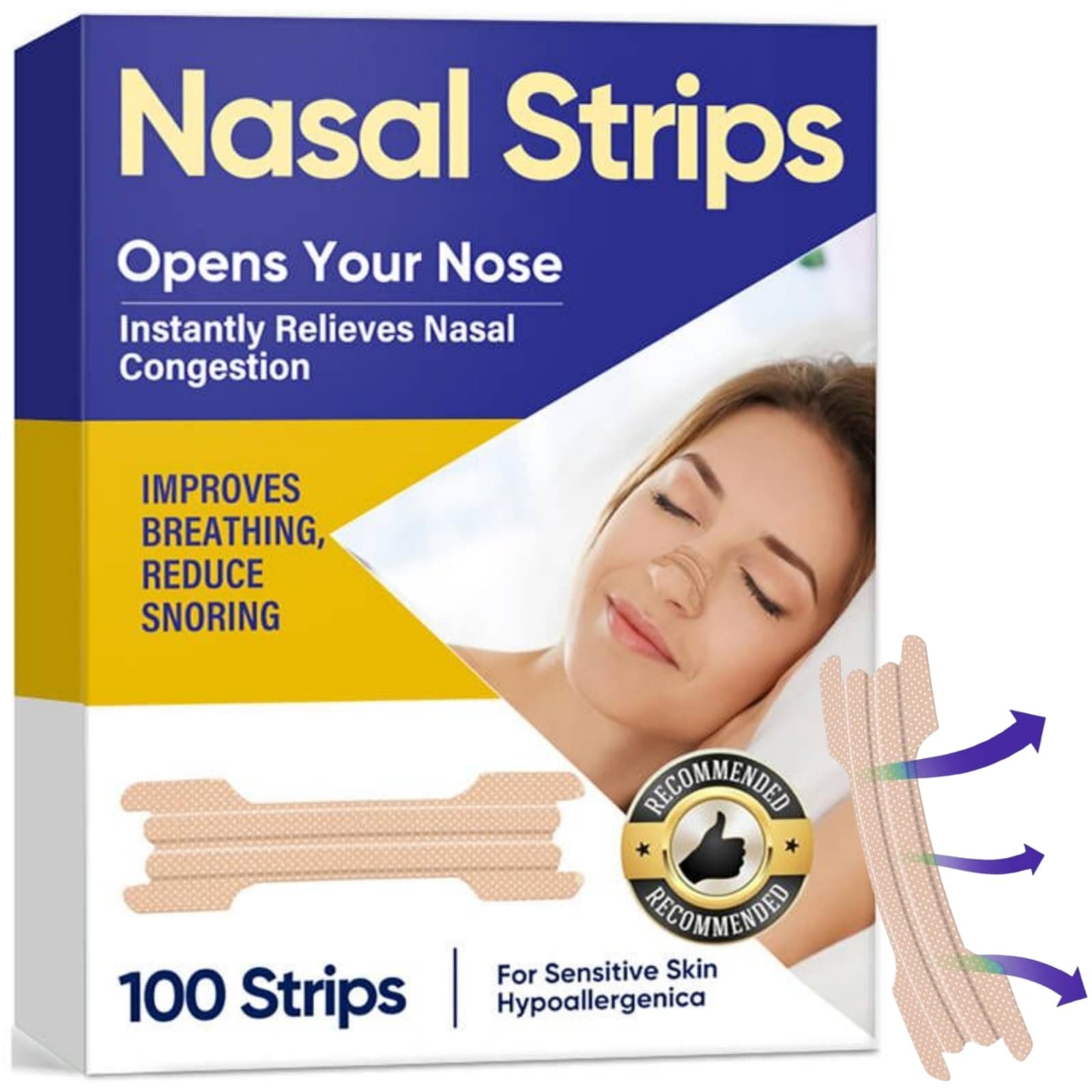 Nasal Strips for Snoring, 100 PCS Extra Strength Nose Strips for Breathing, Anti Snoring Device for Snoring Solution, Relieve Nasal Congestion for Men & Women, Improved Airflow and Comfortable Fit