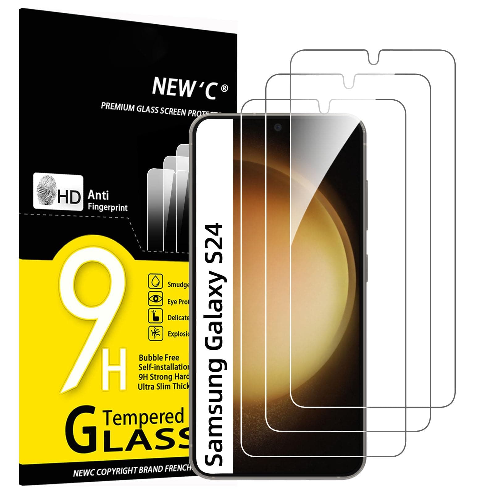 NEW'C 3 Pack Designed for Samsung Galaxy S24 Screen Protector Tempered Glass,(NON Compatible with S24 Plus, S24 Ultra), Case Friendly Ultra Resistant
