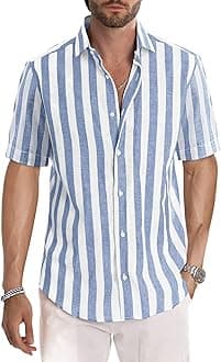 Men's Casual Stylish Short Sleeve Button-Up Striped Dress Shirt Cotton Beach Shirts