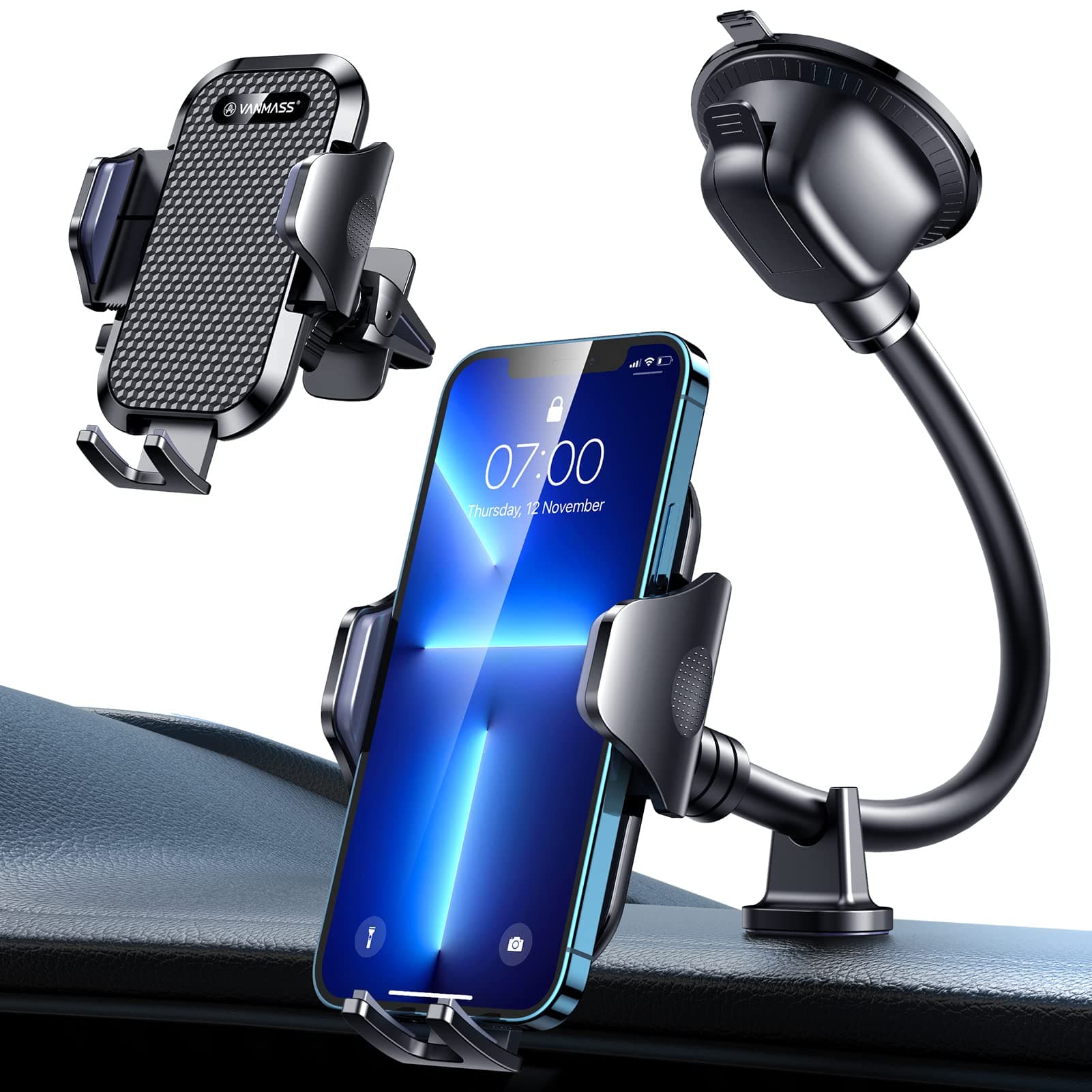 VANMASS [Ultra Durable & Stable] Car Phone Holder Windscreen Mount [Flexible Long Gooseneck] Mobile Phone Holder for Cars Dashboard Vent Universal Cradle Compatible with iPhone 13 14 pro max Samsung