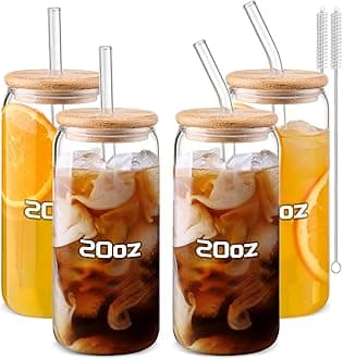 Glass Cups “20oz”,Glass Cups with Lids and Straws 4 pcs-DWTS Coffee Cups,Drinking Glasses Set,Glass Tumbler with Straw and Lid Gift 2 Cleaning Brushes