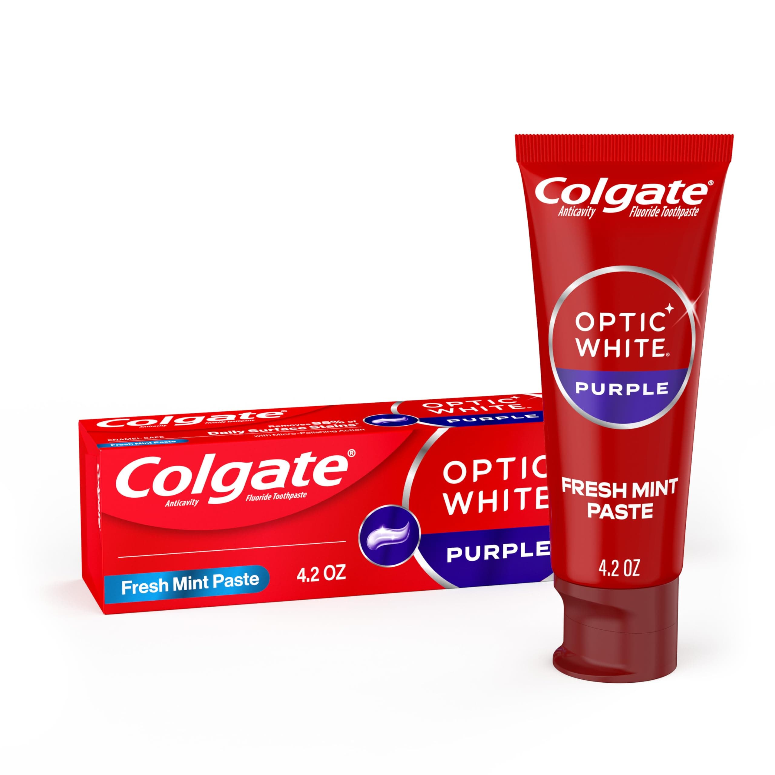 Optic White Purple Toothpaste for Teeth Whitening, Helps Remove Surface Stains and Polishes Teeth, Enamel-Safe Mint Paste, 4.2 oz