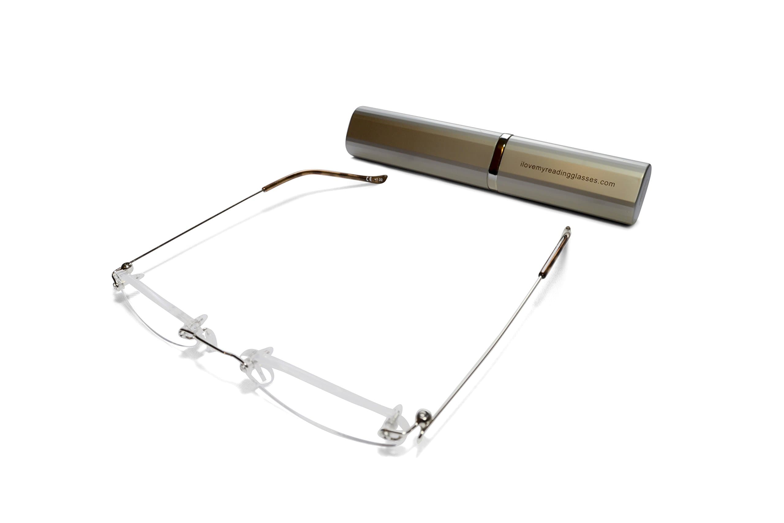 Rimless Silver Reading Glasses +2.0 light sturdy and reliable in several metal finished colours,free aluminium matching case/CE Certified/EN ISO 12870