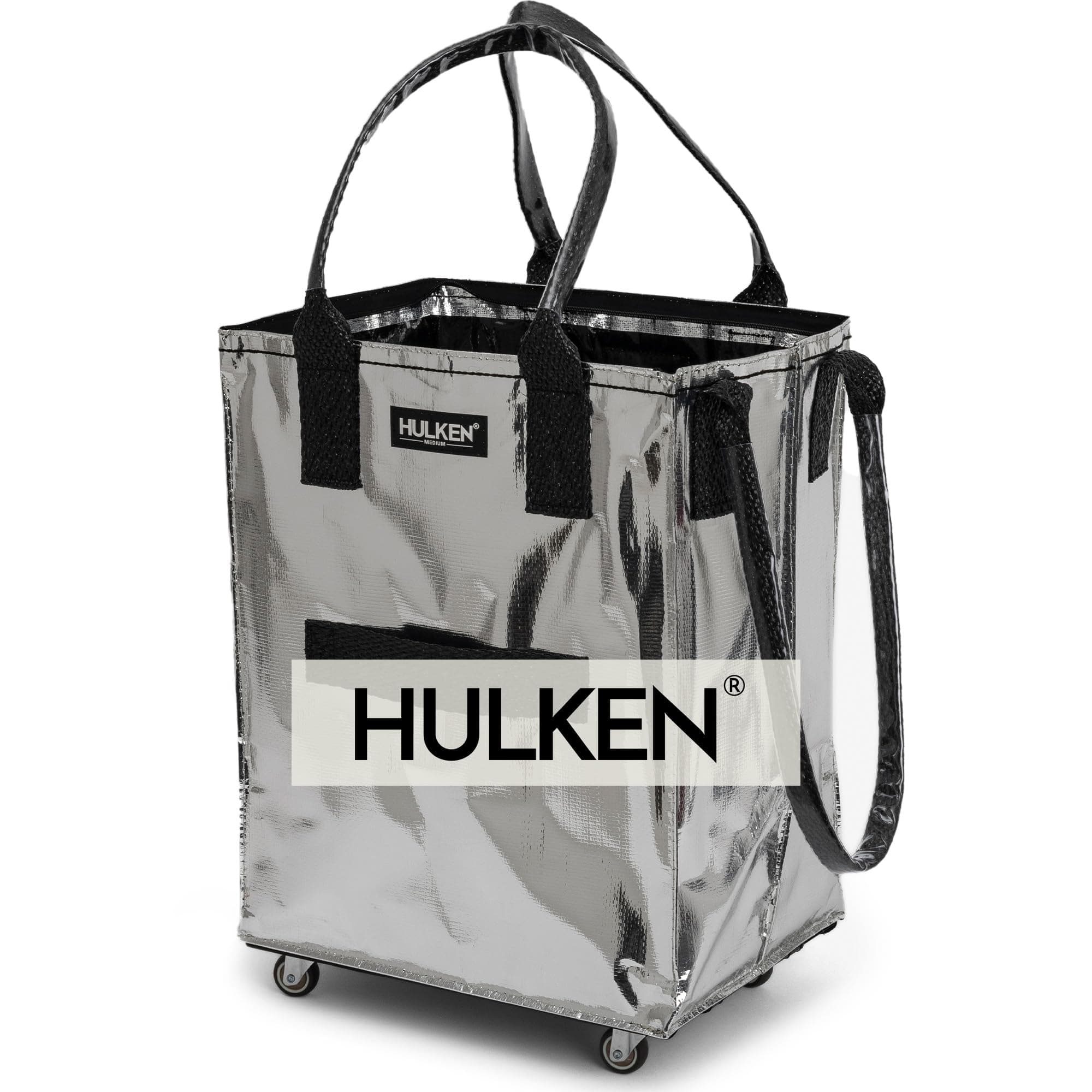 HULKEN (Medium, Silver) Reusable Grocery Bag On Wheels, Shopping Trolley, Rolling Tote, Zipper Closure, Lightweight, Carries Up to 66 lb, Folds Flat, Unbreakable Handles