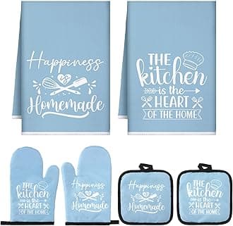 Sratte 6 Pcs Kitchen Decor Accessories Set Farmhouse Towels Pot Holders Oven Mitts Set 2 Dish Towels 2 Potholders 2 Cooking Mittens Oven Glove for Christmas Baking Cooking Supply(Light Blue,Kitchen)